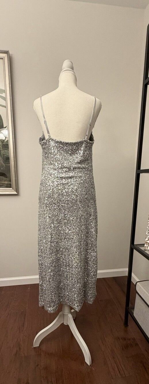 Greylin Silver Sequin Midi Dress Formal Cocktail Wedding Party - Picture 6 of 7